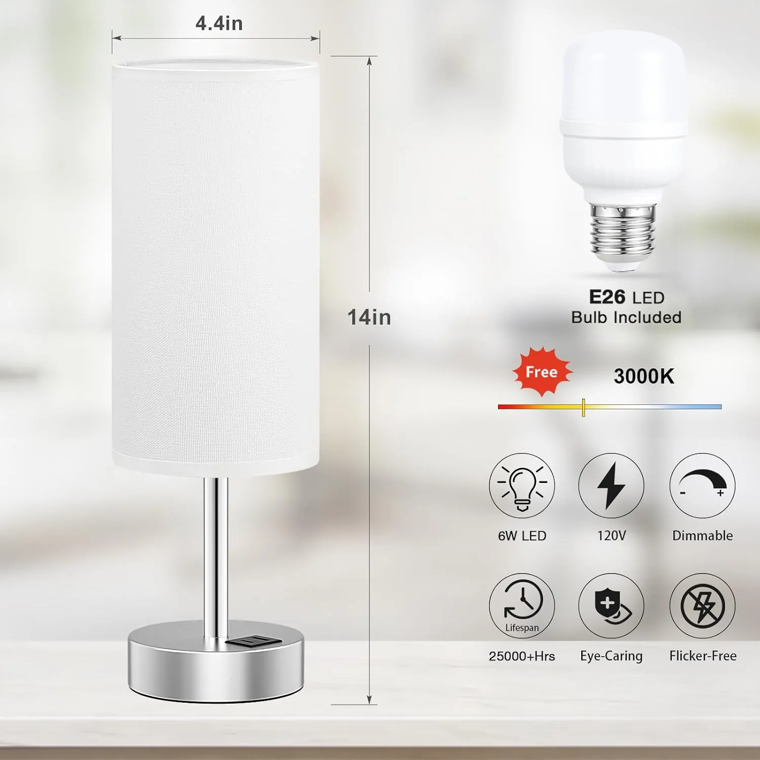 White Touch Bedside Lamp with USB - 3 Way Dimmable Table Lamp for Bedroom, Nightstand Lamp with Nickel Charging Station and Silver LampHolder for Dorm Kids Room, Small