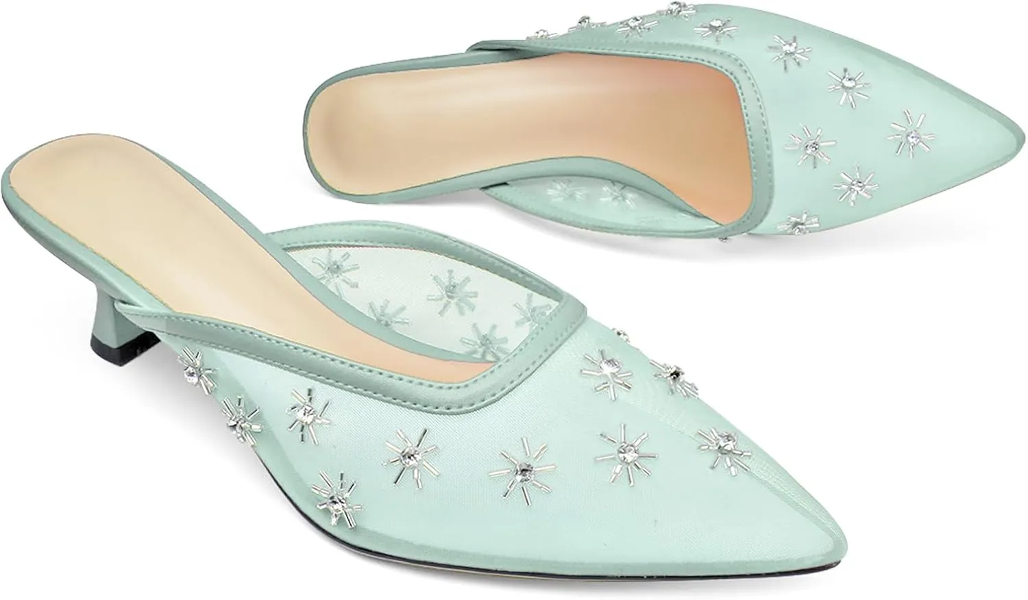 Women Kitten Heel Mules Crystal Flower Decor Mesh Pointed Toe Low Heel Casual Pumps