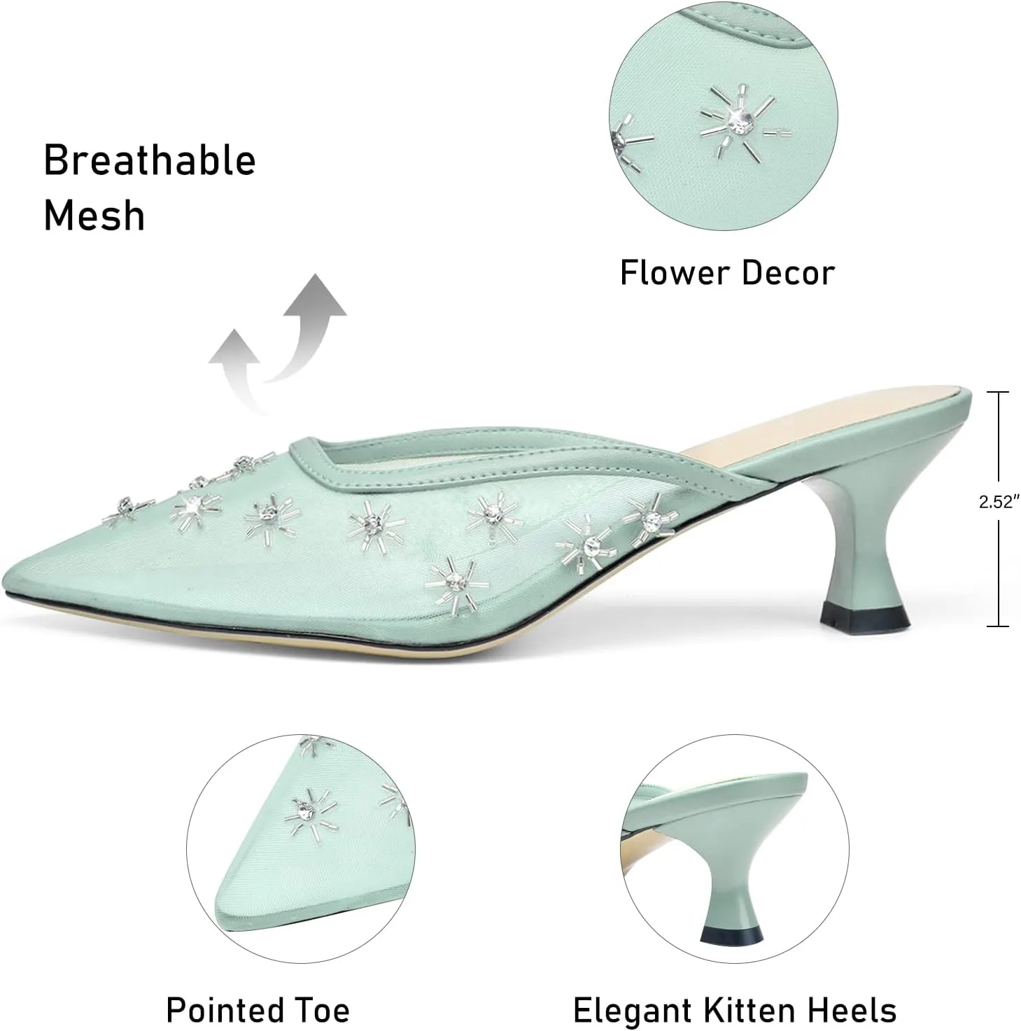 Women Kitten Heel Mules Crystal Flower Decor Mesh Pointed Toe Low Heel Casual Pumps