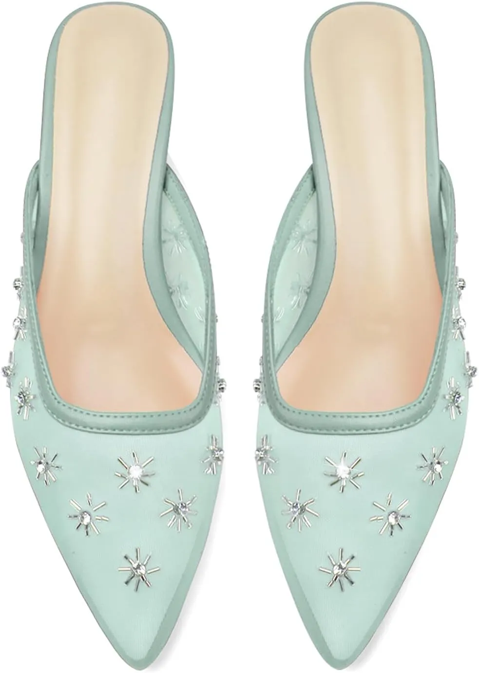Women Kitten Heel Mules Crystal Flower Decor Mesh Pointed Toe Low Heel Casual Pumps