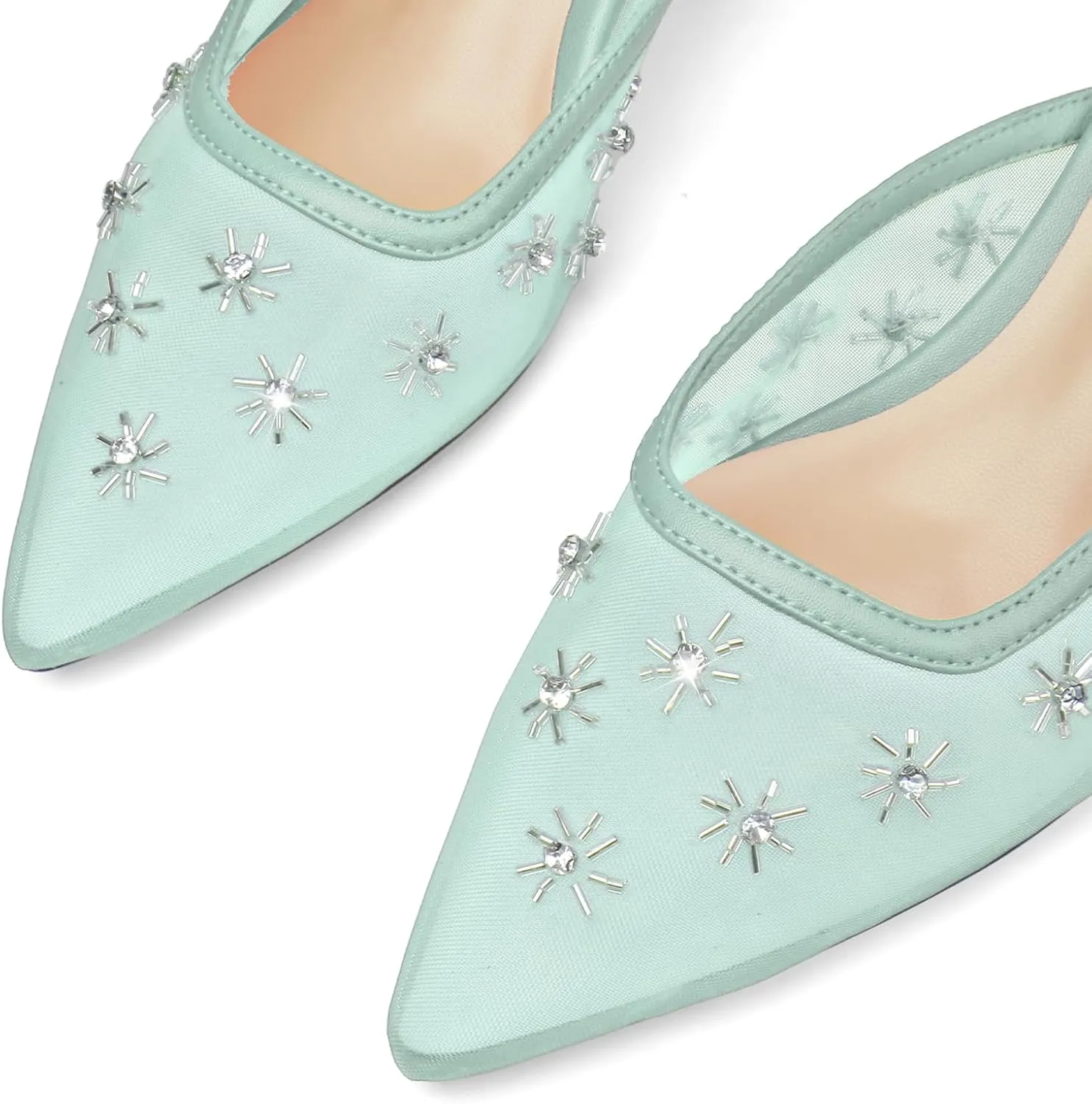 Women Kitten Heel Mules Crystal Flower Decor Mesh Pointed Toe Low Heel Casual Pumps