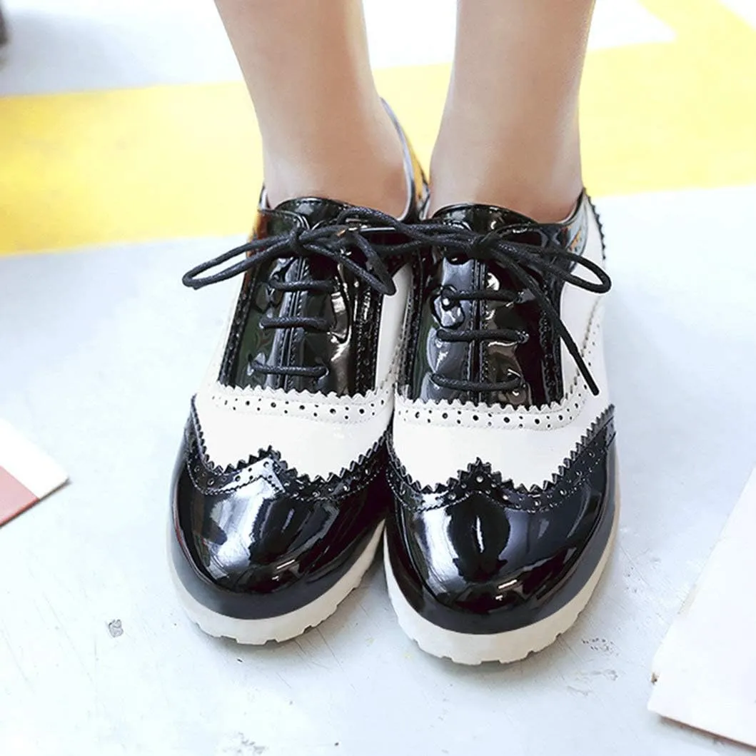 Women Oxfords Flats Brogue Wingtip Lace up Dress Shoes Pumps