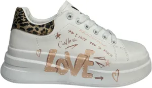 Women's Casual Sneakers with Leopard Print Accents, Lace-up, White, 'C'est la Vie' Text