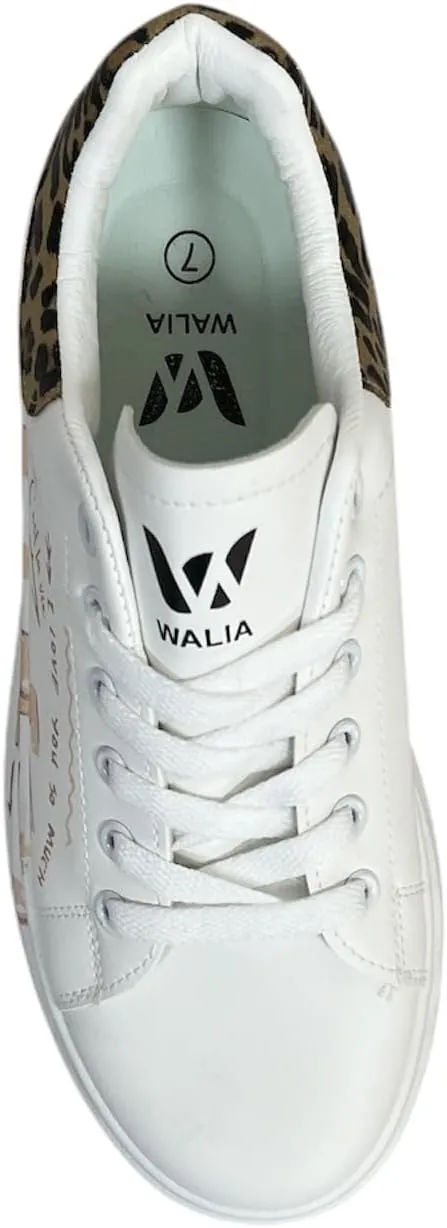 Women's Casual Sneakers with Leopard Print Accents, Lace-up, White, 'C'est la Vie' Text