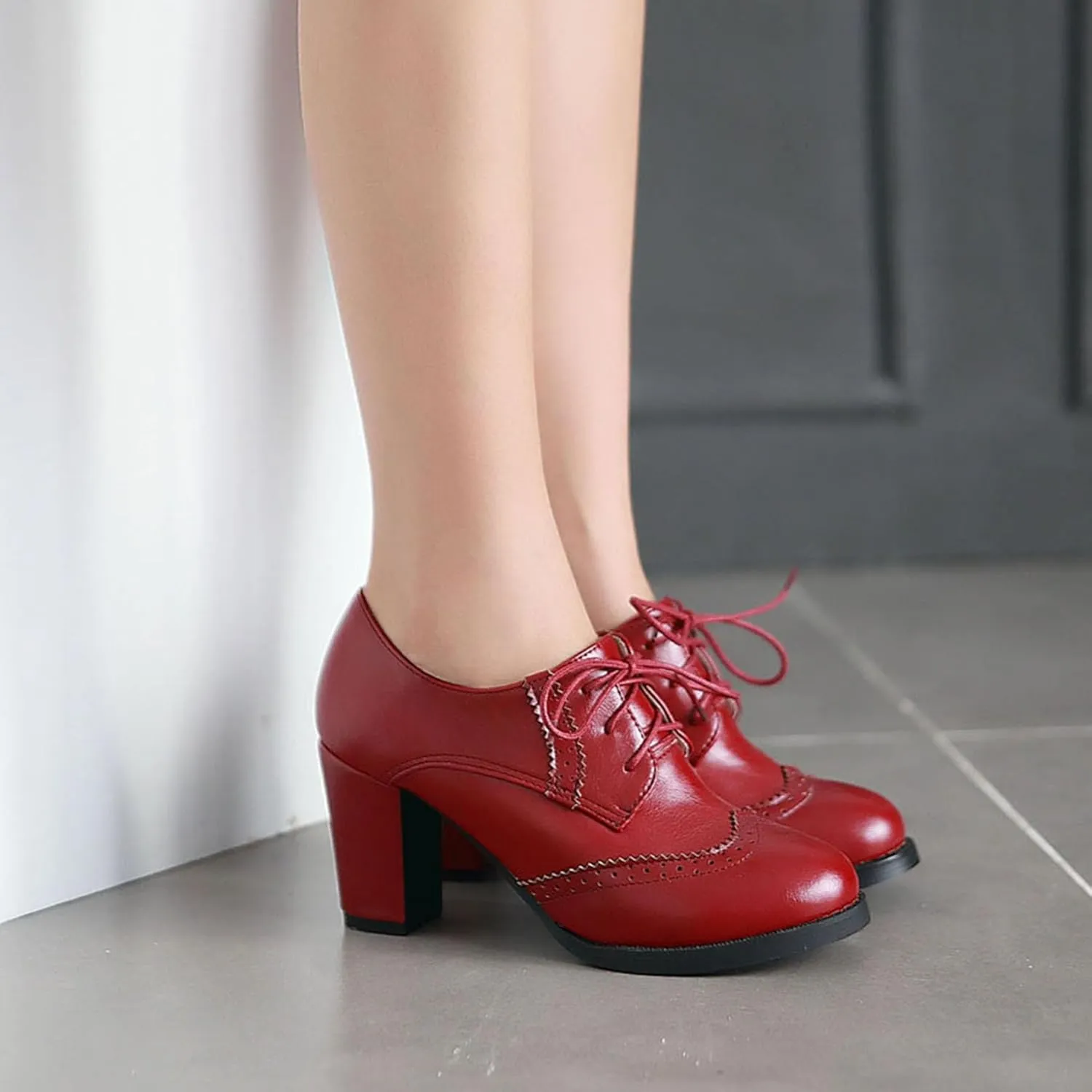 Women's Chunky Block Heels Oxfords Vintage Wingtip Brogues Round Toe Lace-up Pumps High Heeled Booties Dress Shoes
