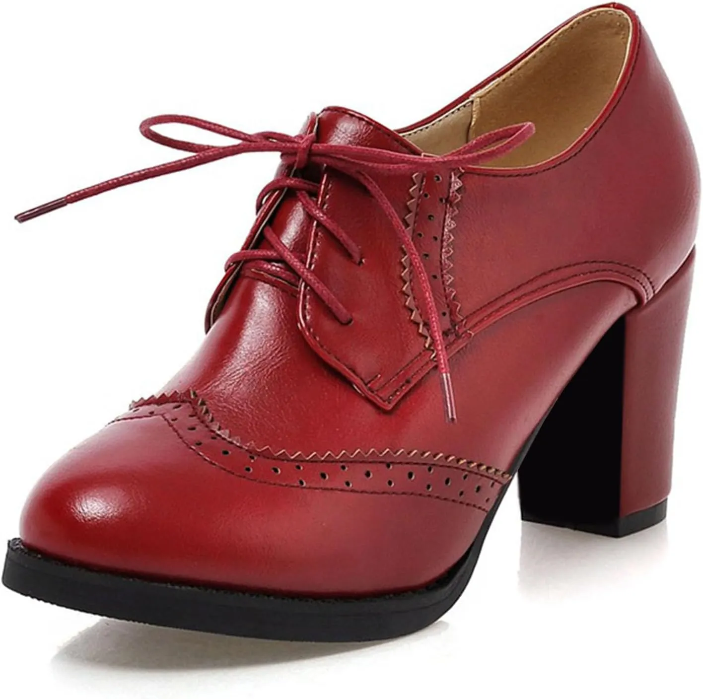 Women's Chunky Block Heels Oxfords Vintage Wingtip Brogues Round Toe Lace-up Pumps High Heeled Booties Dress Shoes