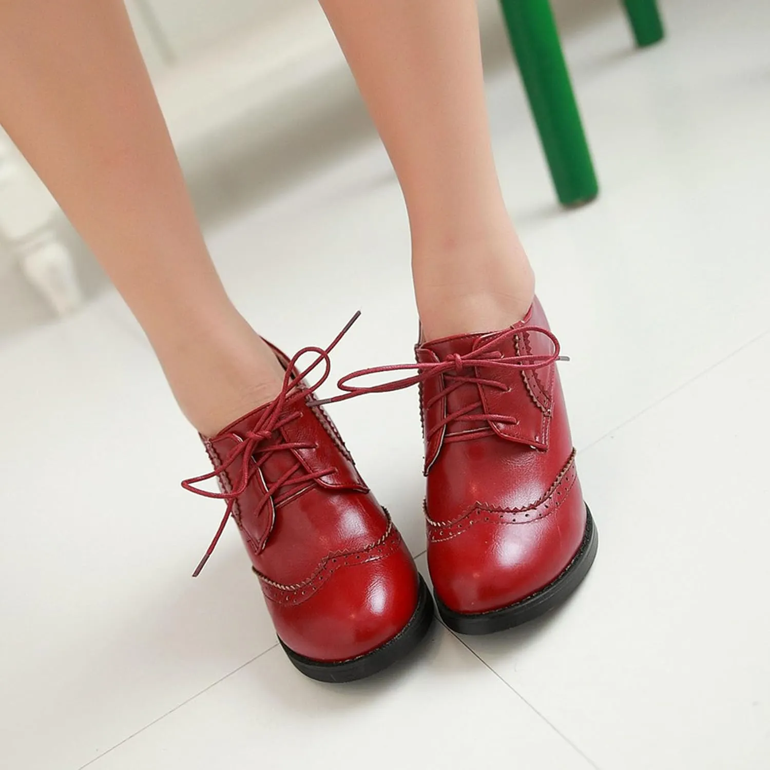 Women's Chunky Block Heels Oxfords Vintage Wingtip Brogues Round Toe Lace-up Pumps High Heeled Booties Dress Shoes