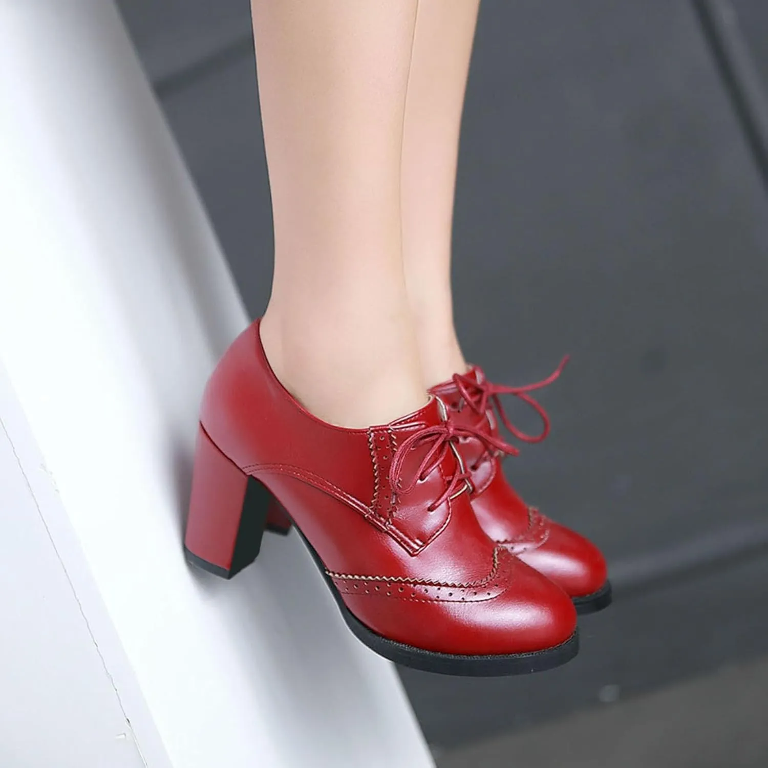 Women's Chunky Block Heels Oxfords Vintage Wingtip Brogues Round Toe Lace-up Pumps High Heeled Booties Dress Shoes