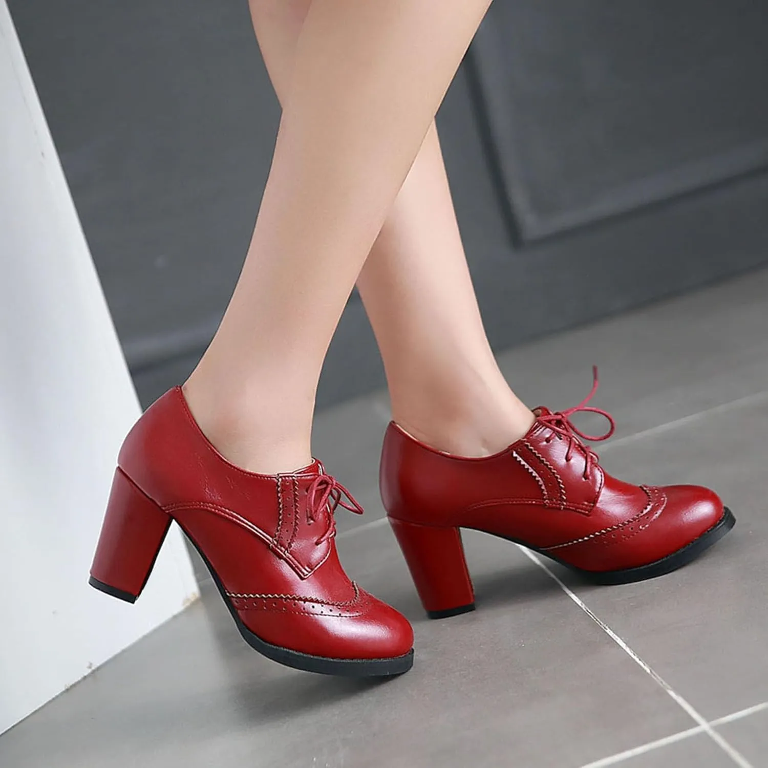 Women's Chunky Block Heels Oxfords Vintage Wingtip Brogues Round Toe Lace-up Pumps High Heeled Booties Dress Shoes