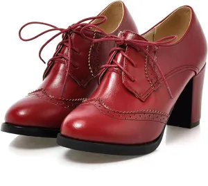 Women's Chunky Block Heels Oxfords Vintage Wingtip Brogues Round Toe Lace-up Pumps High Heeled Booties Dress Shoes