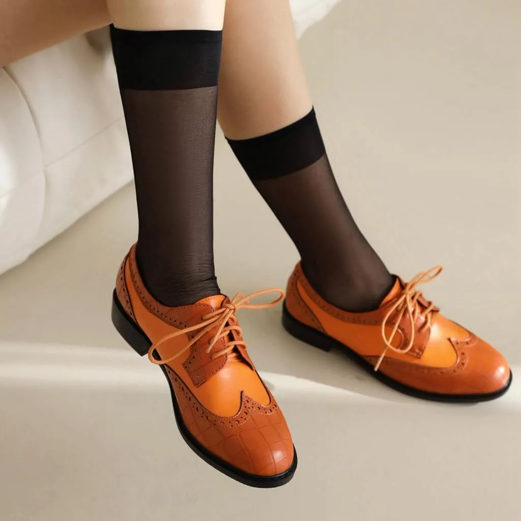 Women's Flat Lace Up Two Toned Oxford Shoes Wingtip Perforated School Uniform Saddle Oxfords Brogues
