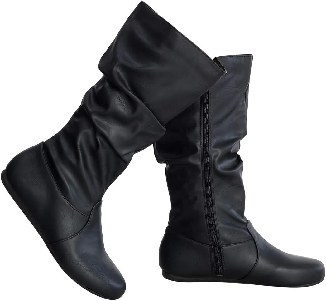Womens Low Heel Mid-Calf Slouchy Suede Slip On Casual Boots with Side Zipper