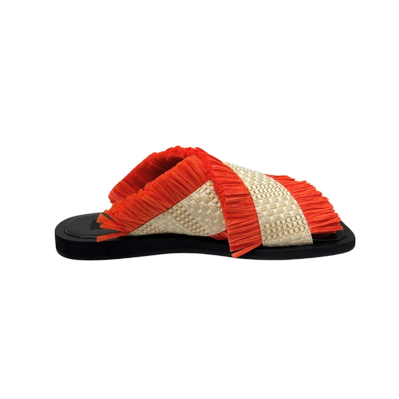 Womens | MAX&Co. Raffia Fringe Slide Sandals