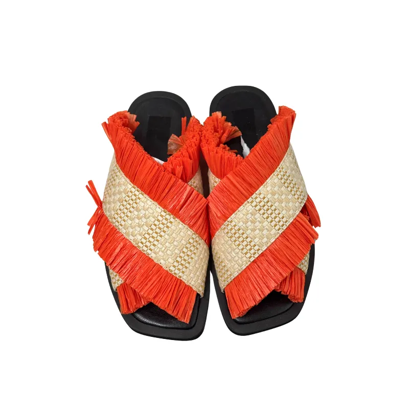 Womens | MAX&Co. Raffia Fringe Slide Sandals