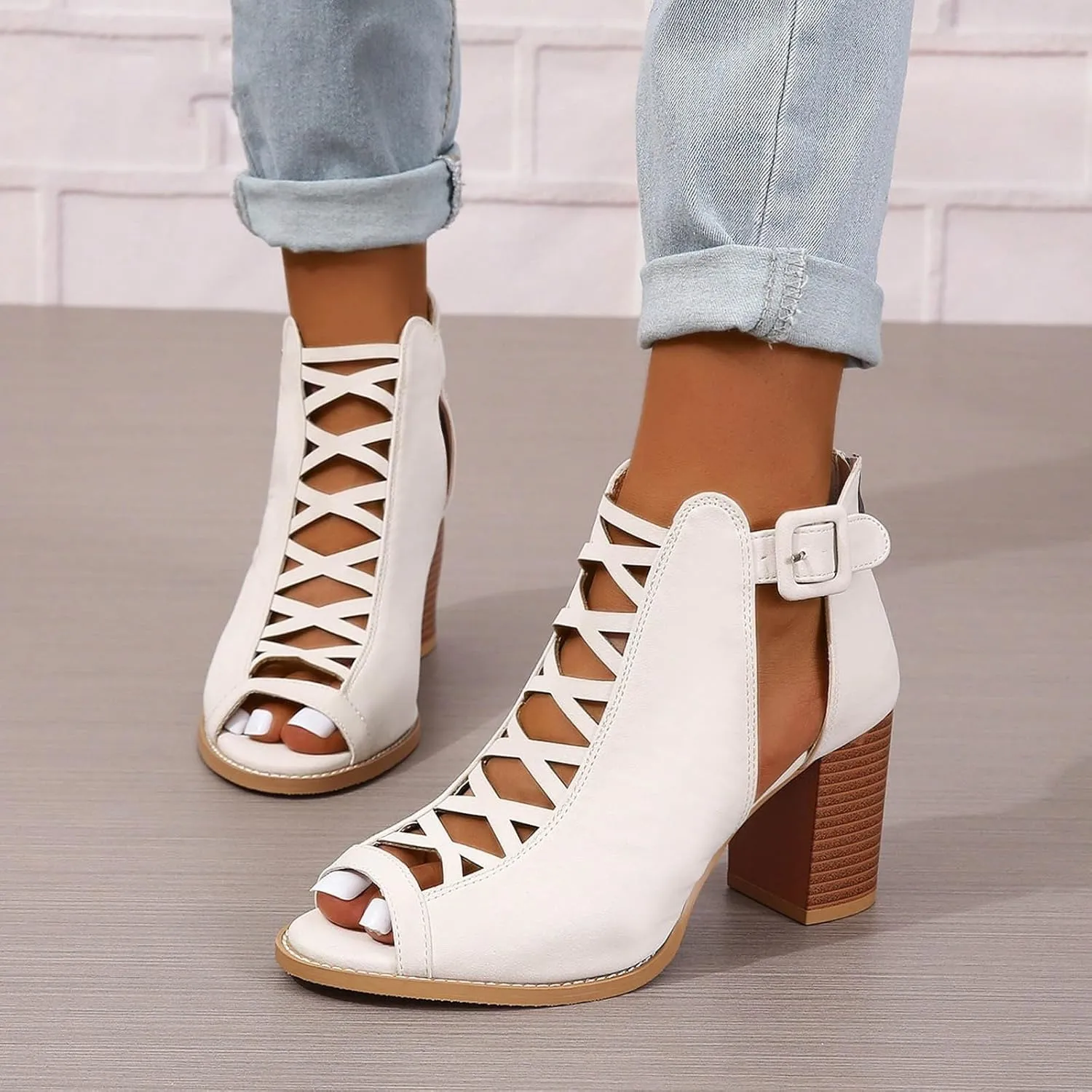Women's Open Toe Booties with Block Heel and Side Comfortable and Stylish Cut Out Design Open Toe High Heeled Booties