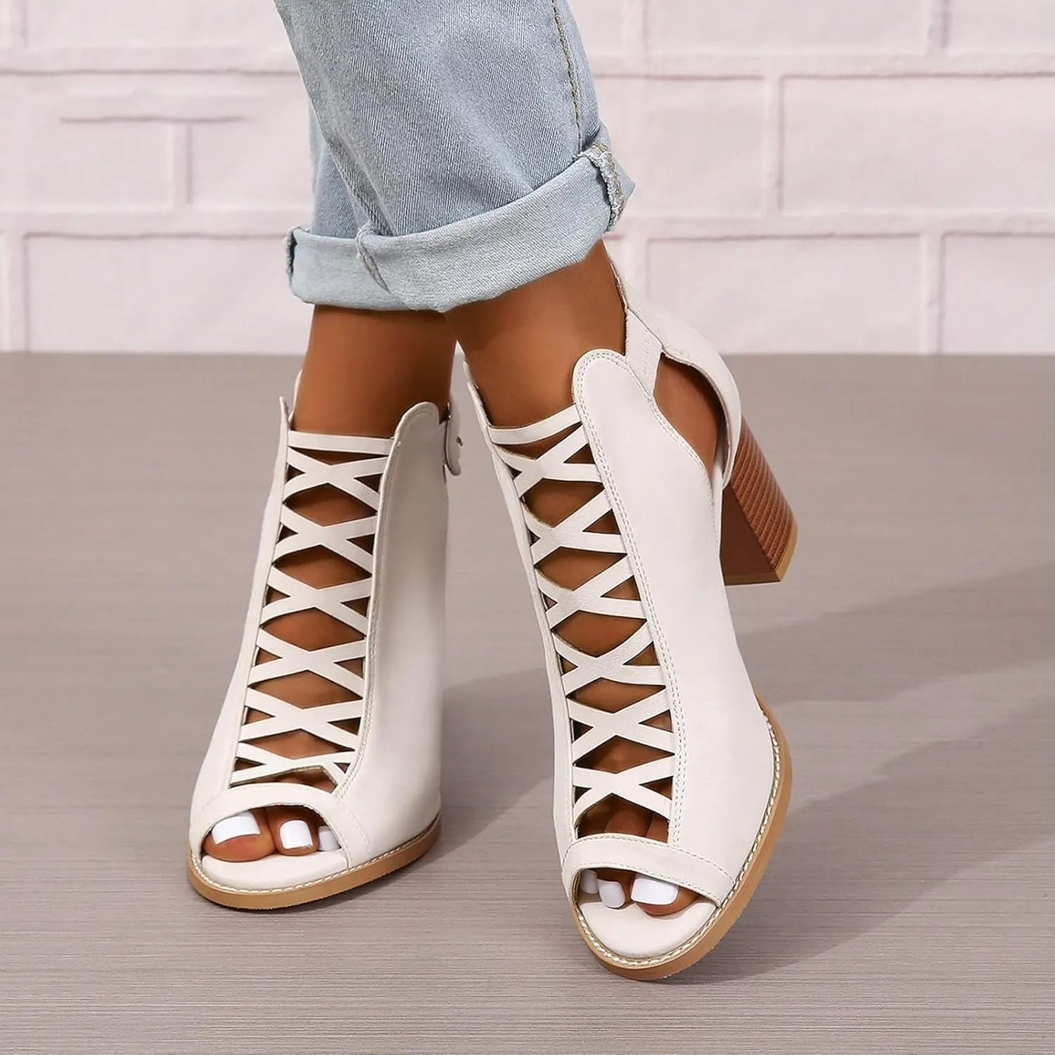 Women's Open Toe Booties with Block Heel and Side Comfortable and Stylish Cut Out Design Open Toe High Heeled Booties