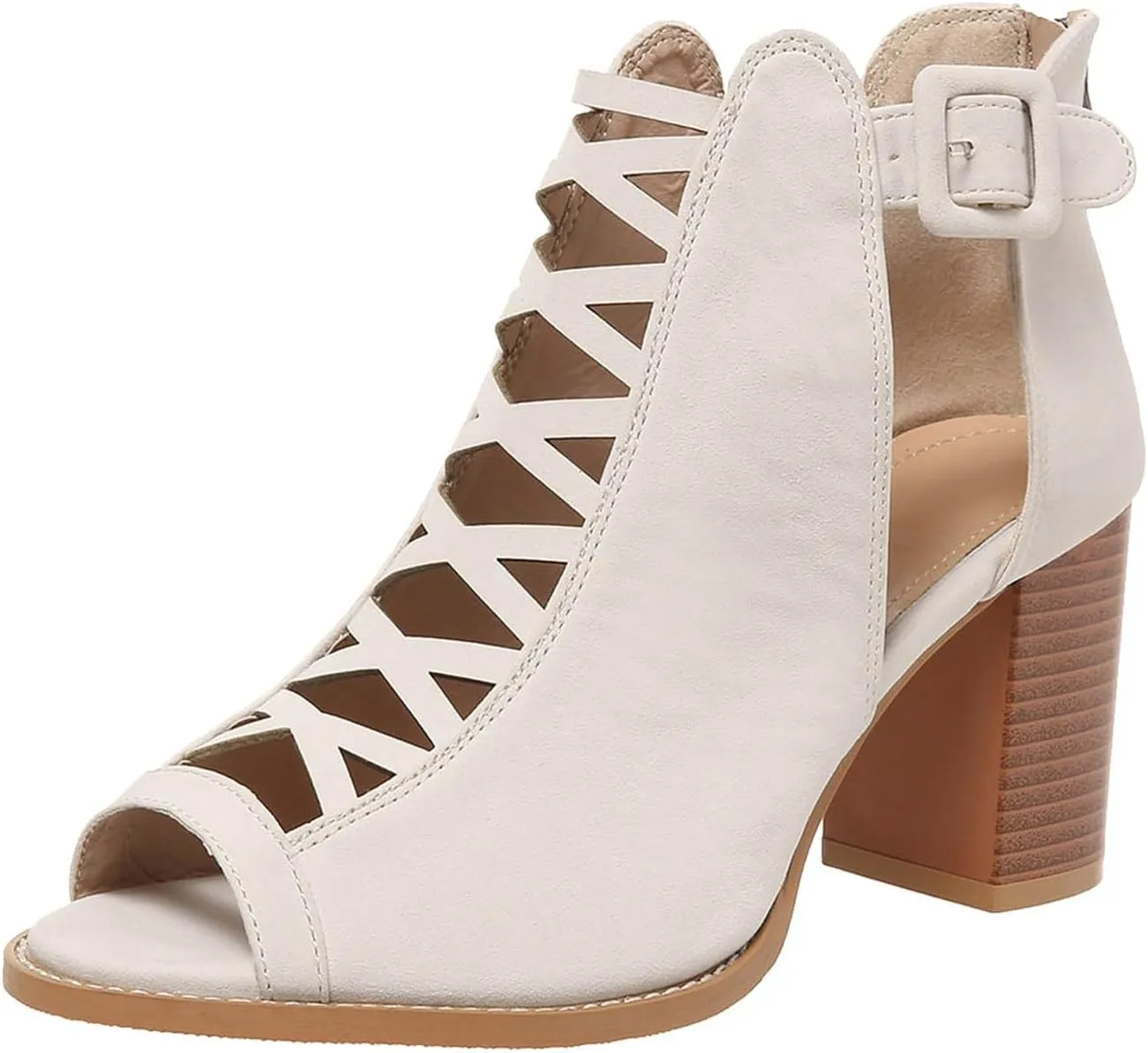 Women's Open Toe Booties with Block Heel and Side Comfortable and Stylish Cut Out Design Open Toe High Heeled Booties