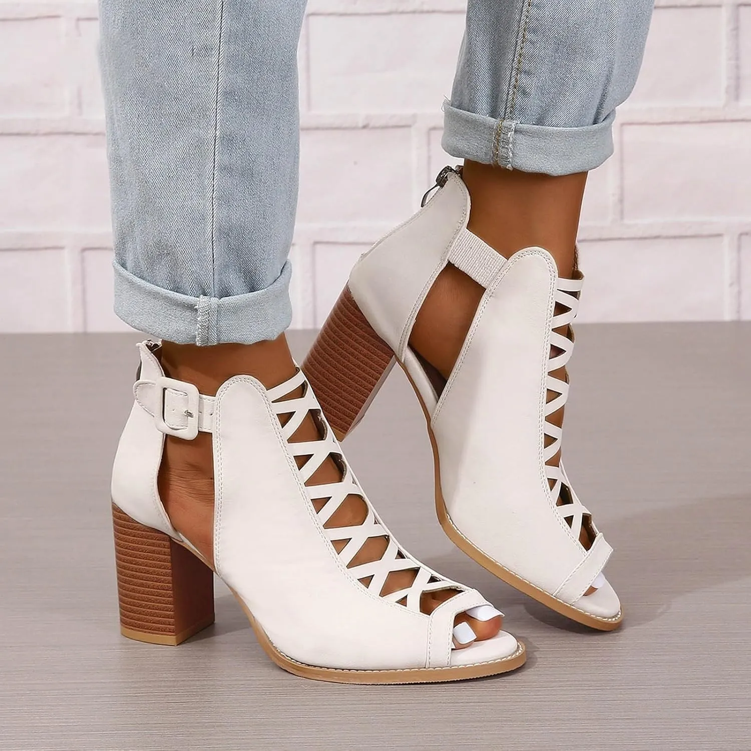 Women's Open Toe Booties with Block Heel and Side Comfortable and Stylish Cut Out Design Open Toe High Heeled Booties