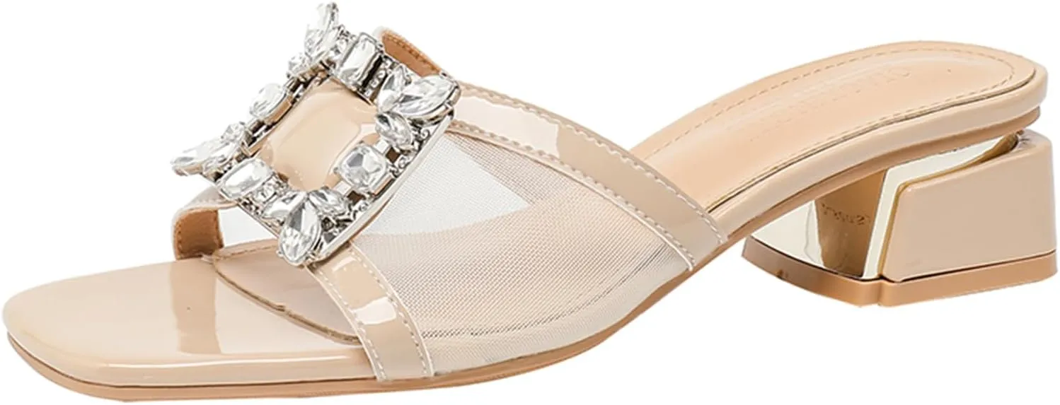 Women's Patent Leather Rhinestone Chunky Heel Sandals Fashion Square Open Toe Slip-on Low Block Heels Slide Sandals Comfortable Non-Slip Sexy Wedding Prom Party Slippers