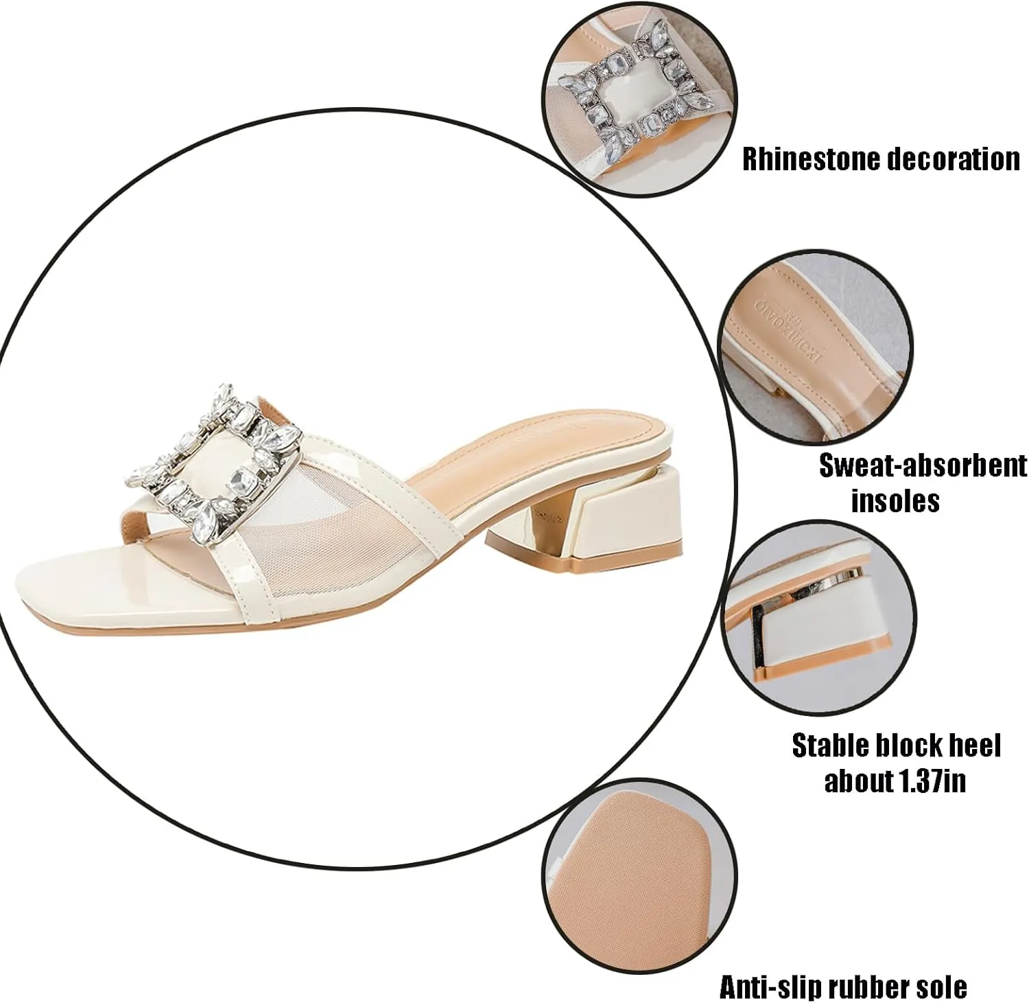 Women's Patent Leather Rhinestone Chunky Heel Sandals Fashion Square Open Toe Slip-on Low Block Heels Slide Sandals Comfortable Non-Slip Sexy Wedding Prom Party Slippers