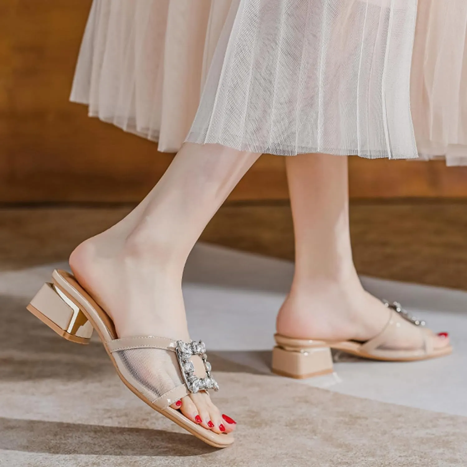Women's Patent Leather Rhinestone Chunky Heel Sandals Fashion Square Open Toe Slip-on Low Block Heels Slide Sandals Comfortable Non-Slip Sexy Wedding Prom Party Slippers