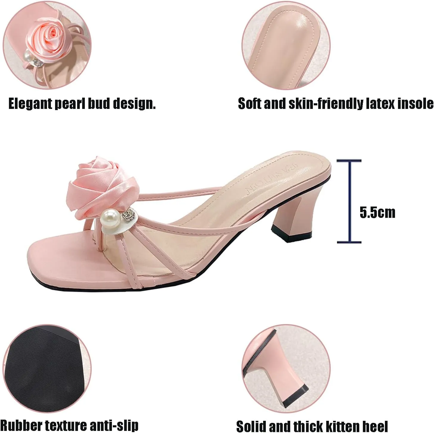 Women's Pearl Flower Kitten Heel Flip Flops Square Open Toe Slip On Mid Heel Dress Slide Sandals Daily Grace Non Slip Party Prom Formal Slippers