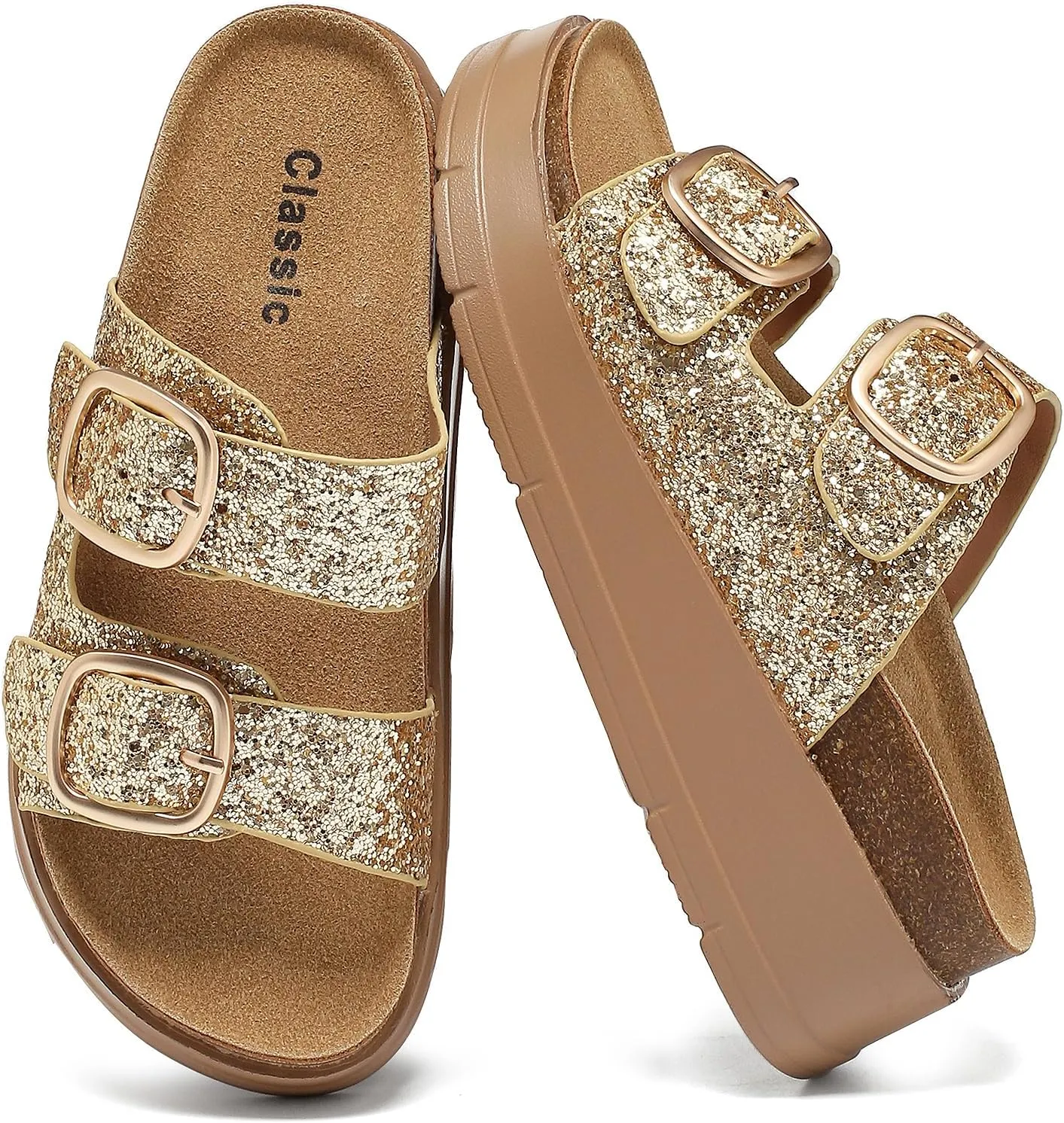 Womens Platform Sandals Cork Footbed with Comfort Double Buckles,Slip on Platform Slides Summer Beach Wide Widths Sandal Shoes