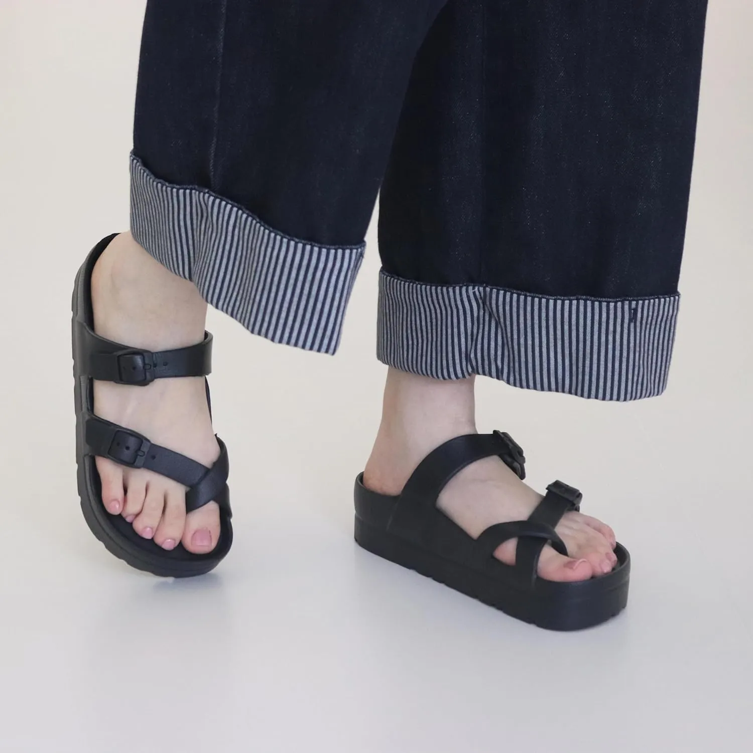 Women's Platform Sandals with Arch Support, Comfort Slides Adjustable Slip On Flat Sandals for Summer Ultra Cushion & Thick Soles
