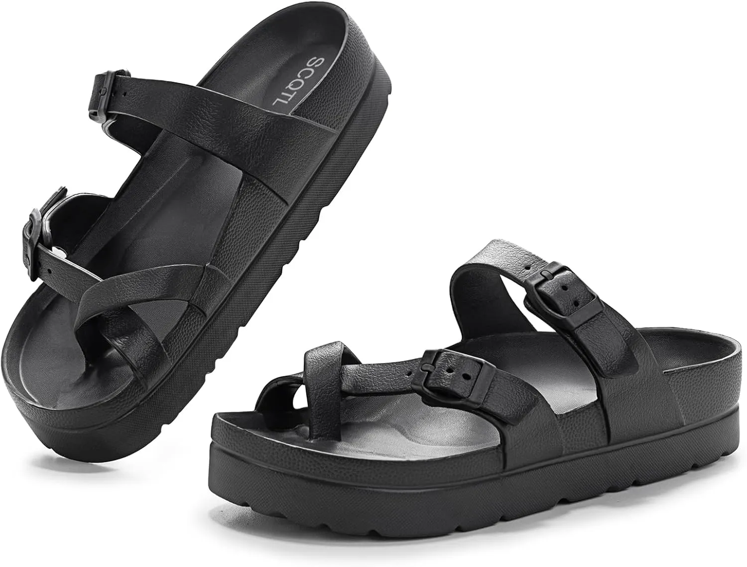 Women's Platform Sandals with Arch Support, Comfort Slides Adjustable Slip On Flat Sandals for Summer Ultra Cushion & Thick Soles