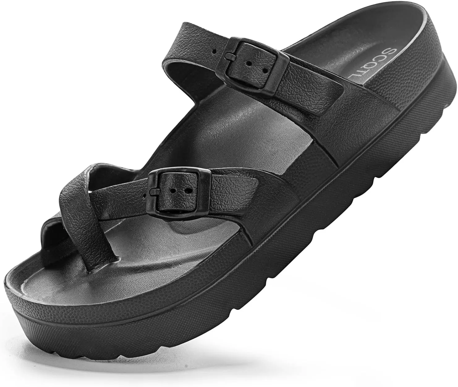 Women's Platform Sandals with Arch Support, Comfort Slides Adjustable Slip On Flat Sandals for Summer Ultra Cushion & Thick Soles