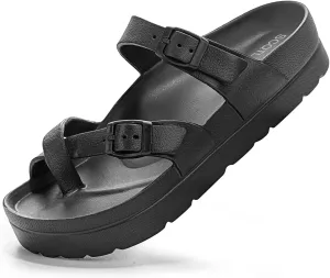 Women's Platform Sandals with Arch Support, Comfort Slides Adjustable Slip On Flat Sandals for Summer Ultra Cushion & Thick Soles