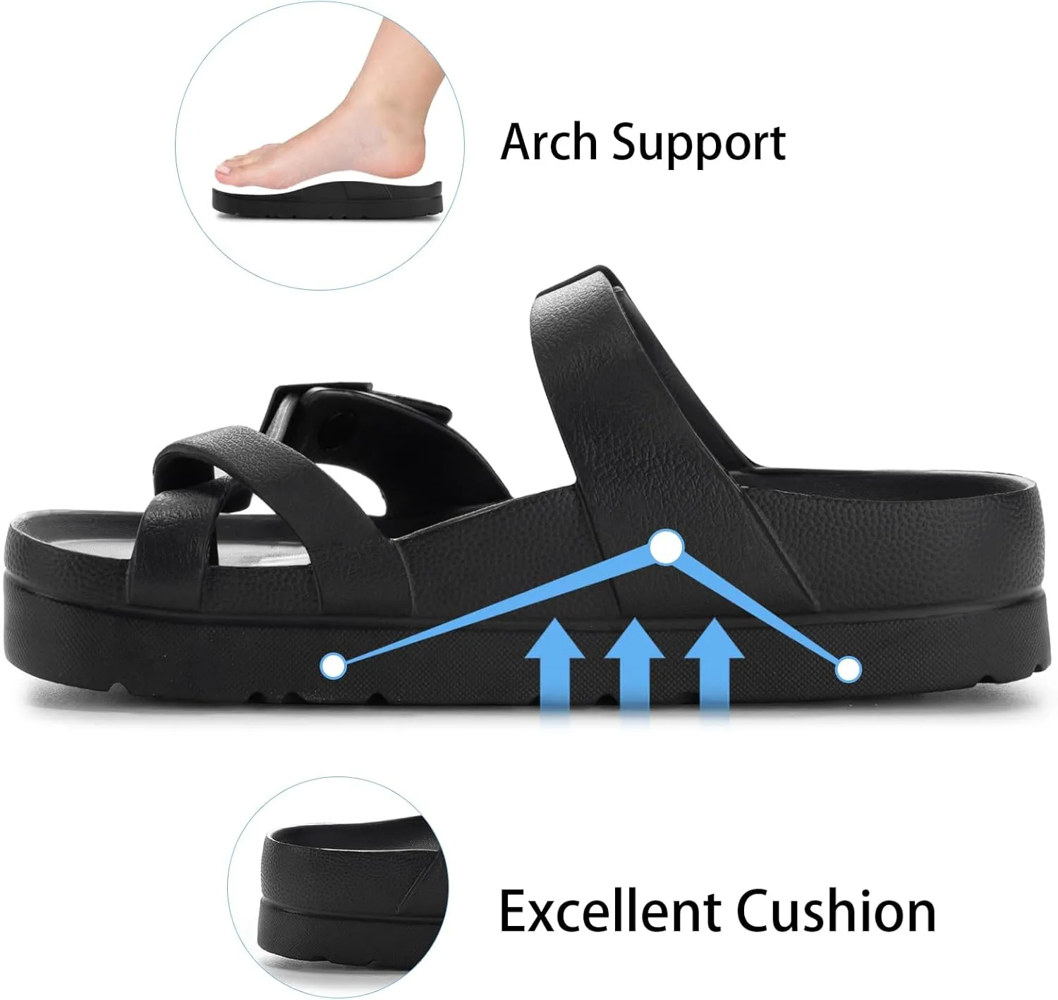 Women's Platform Sandals with Arch Support, Comfort Slides Adjustable Slip On Flat Sandals for Summer Ultra Cushion & Thick Soles