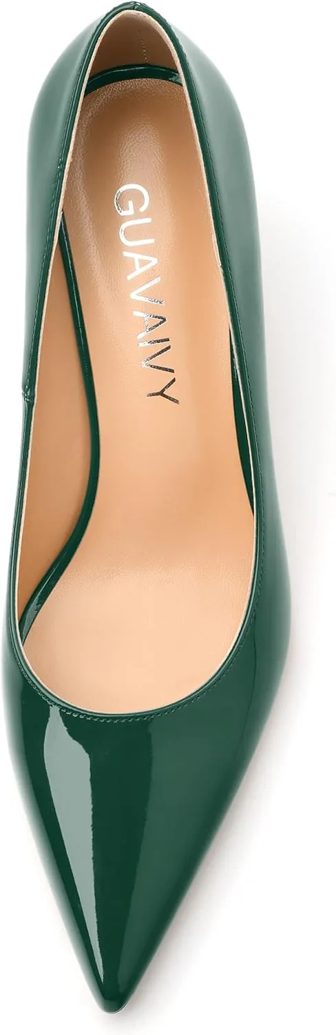 Women's Pumps, Pointed Closed Toe Mid Heels, Slip On Patent Shoes for Working Partying Wedding