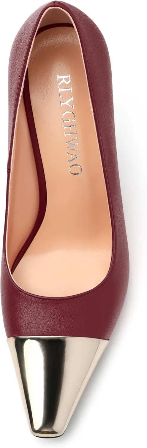 Women's Pumps, Square Toe Chunky High Heels, Slip On Fashion Two Toned Patchwork Womens Shoes for Office Wedding Party