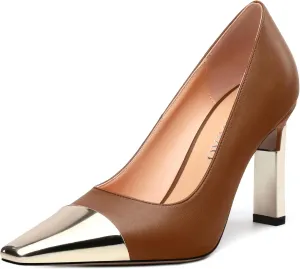 Women's Pumps, Square Toe Chunky High Heels, Slip On Fashion Two Toned Patchwork Womens Shoes for Office Wedding Party