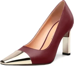 Women's Pumps, Square Toe Chunky High Heels, Slip On Fashion Two Toned Patchwork Womens Shoes for Office Wedding Party