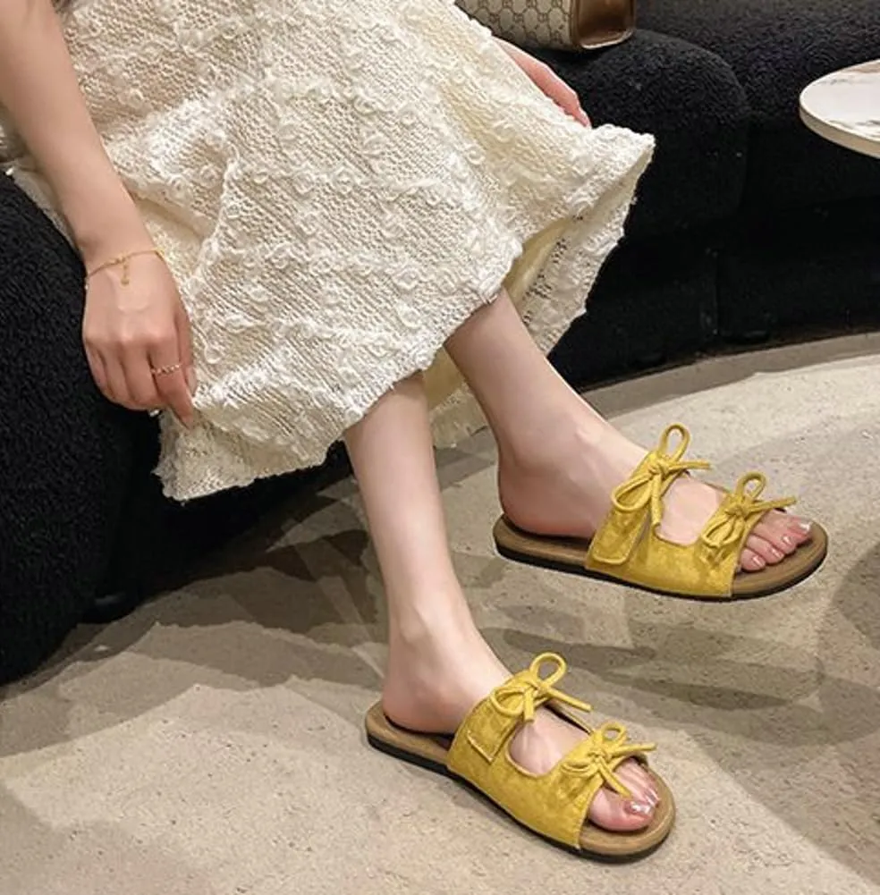 Womens Sandals Cutout Strap Bow Leather Slides Cute Open Toe Comfort Double Strap Adjustable Slip on Summer Beach Shoes Slippers