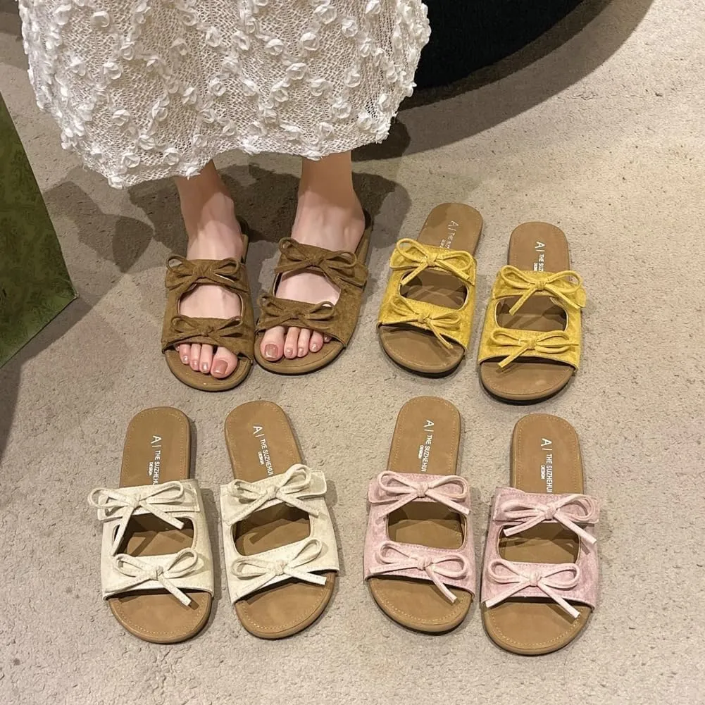 Womens Sandals Cutout Strap Bow Leather Slides Cute Open Toe Comfort Double Strap Adjustable Slip on Summer Beach Shoes Slippers