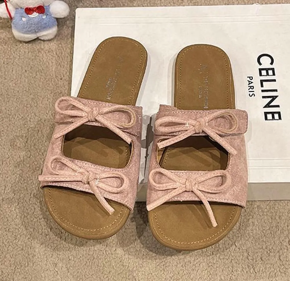 Womens Sandals Cutout Strap Bow Leather Slides Cute Open Toe Comfort Double Strap Adjustable Slip on Summer Beach Shoes Slippers