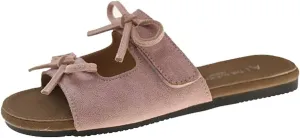Womens Sandals Cutout Strap Bow Leather Slides Cute Open Toe Comfort Double Strap Adjustable Slip on Summer Beach Shoes Slippers