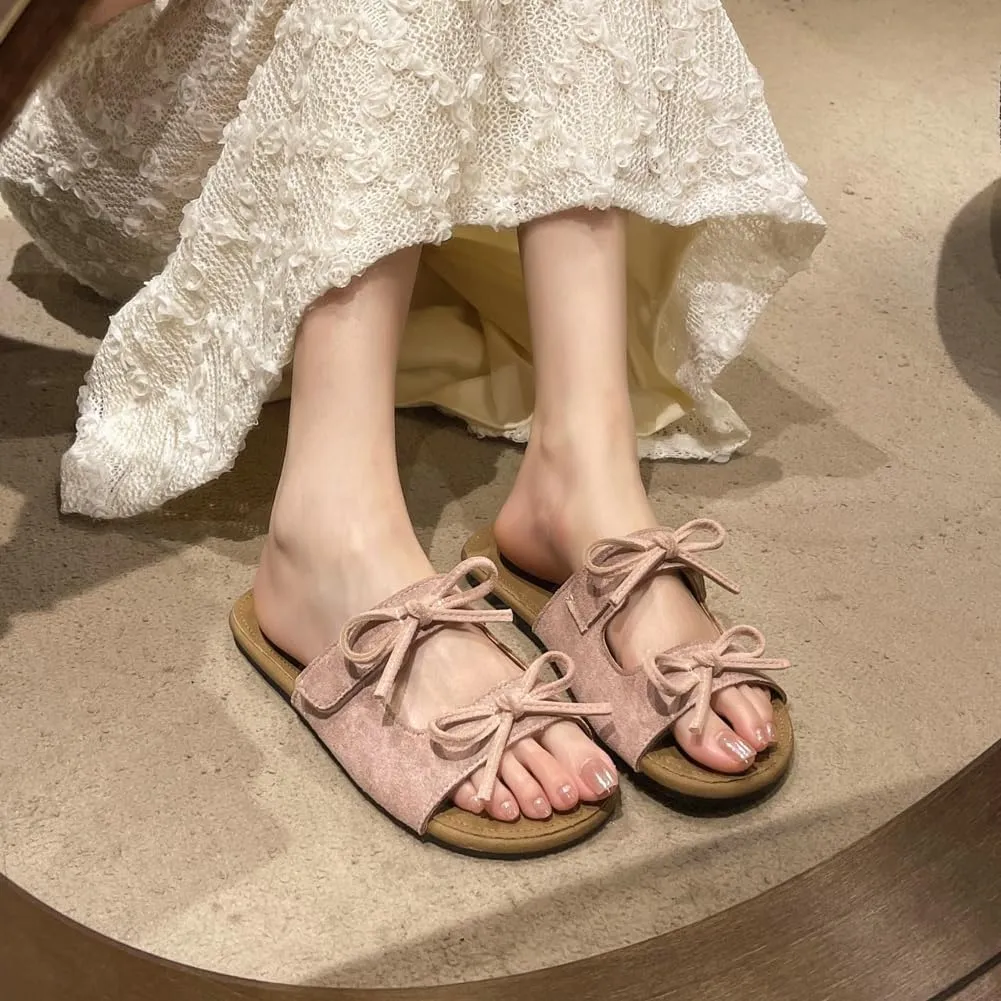 Womens Sandals Cutout Strap Bow Leather Slides Cute Open Toe Comfort Double Strap Adjustable Slip on Summer Beach Shoes Slippers