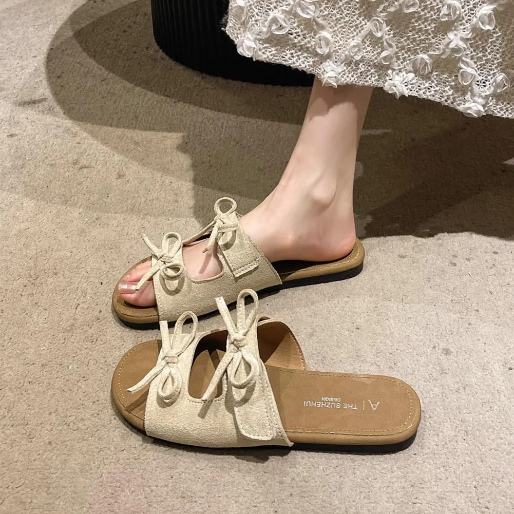 Womens Sandals Cutout Strap Bow Leather Slides Cute Open Toe Comfort Double Strap Adjustable Slip on Summer Beach Shoes Slippers
