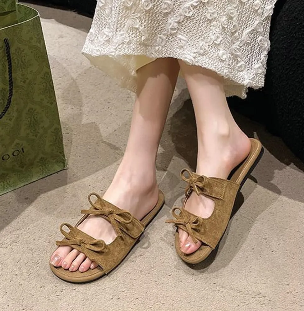 Womens Sandals Cutout Strap Bow Leather Slides Cute Open Toe Comfort Double Strap Adjustable Slip on Summer Beach Shoes Slippers