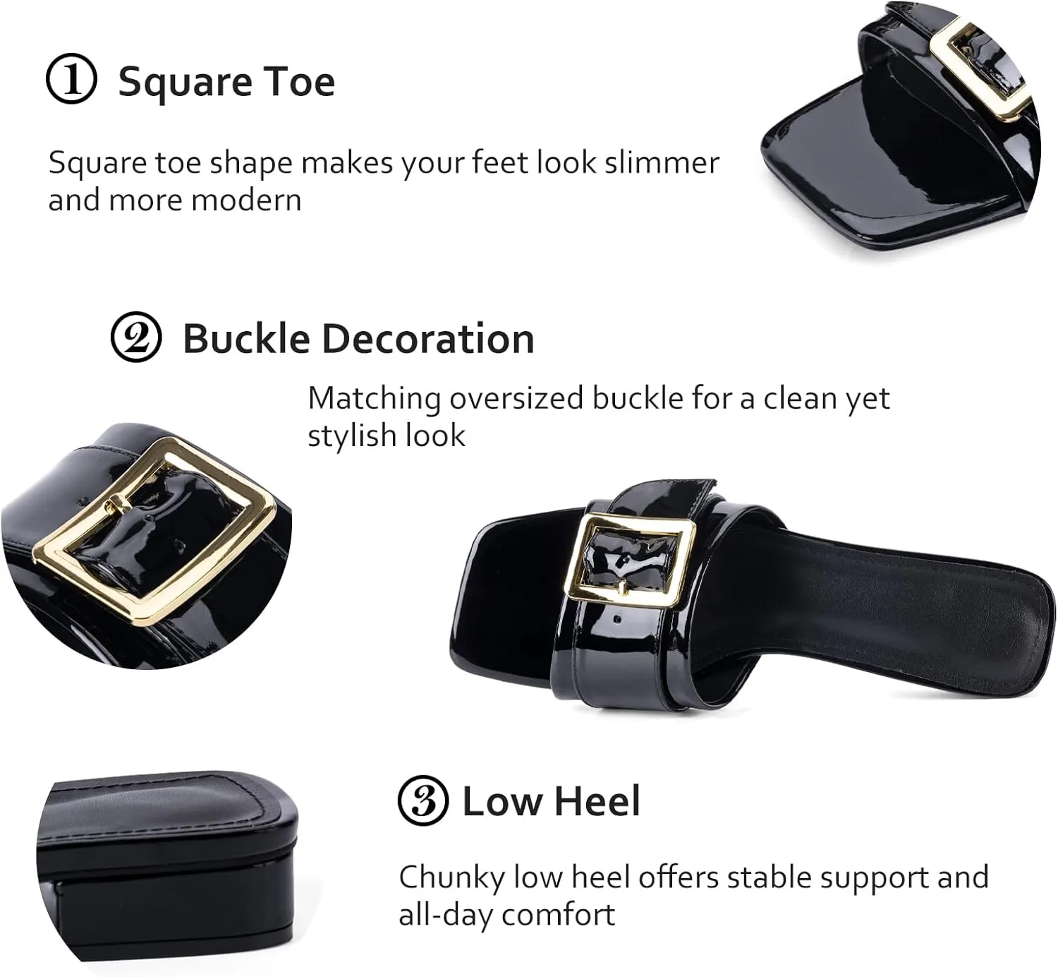 Women's Slide Heeled Sandals Opened Square Toe Chunky Block Heel Slippers with Buckle Slip on Casual Comfortable Pumps
