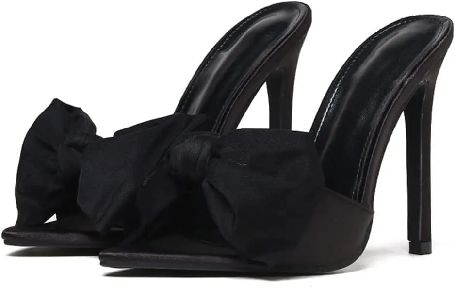 Women's Slip On Bow Slide Sandals Stiletto Heel Heels Bowtie Slippers Sweet Satin Sandals