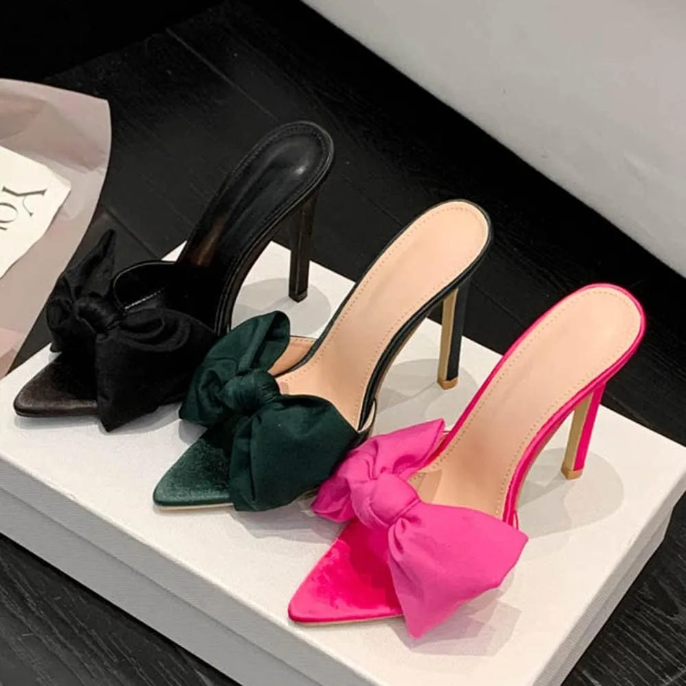 Women's Slip On Bow Slide Sandals Stiletto Heel Heels Bowtie Slippers Sweet Satin Sandals