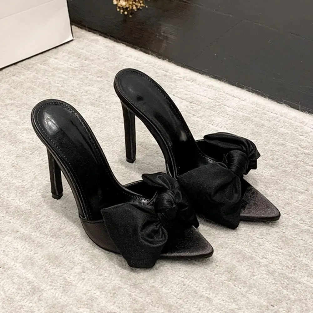 Women's Slip On Bow Slide Sandals Stiletto Heel Heels Bowtie Slippers Sweet Satin Sandals