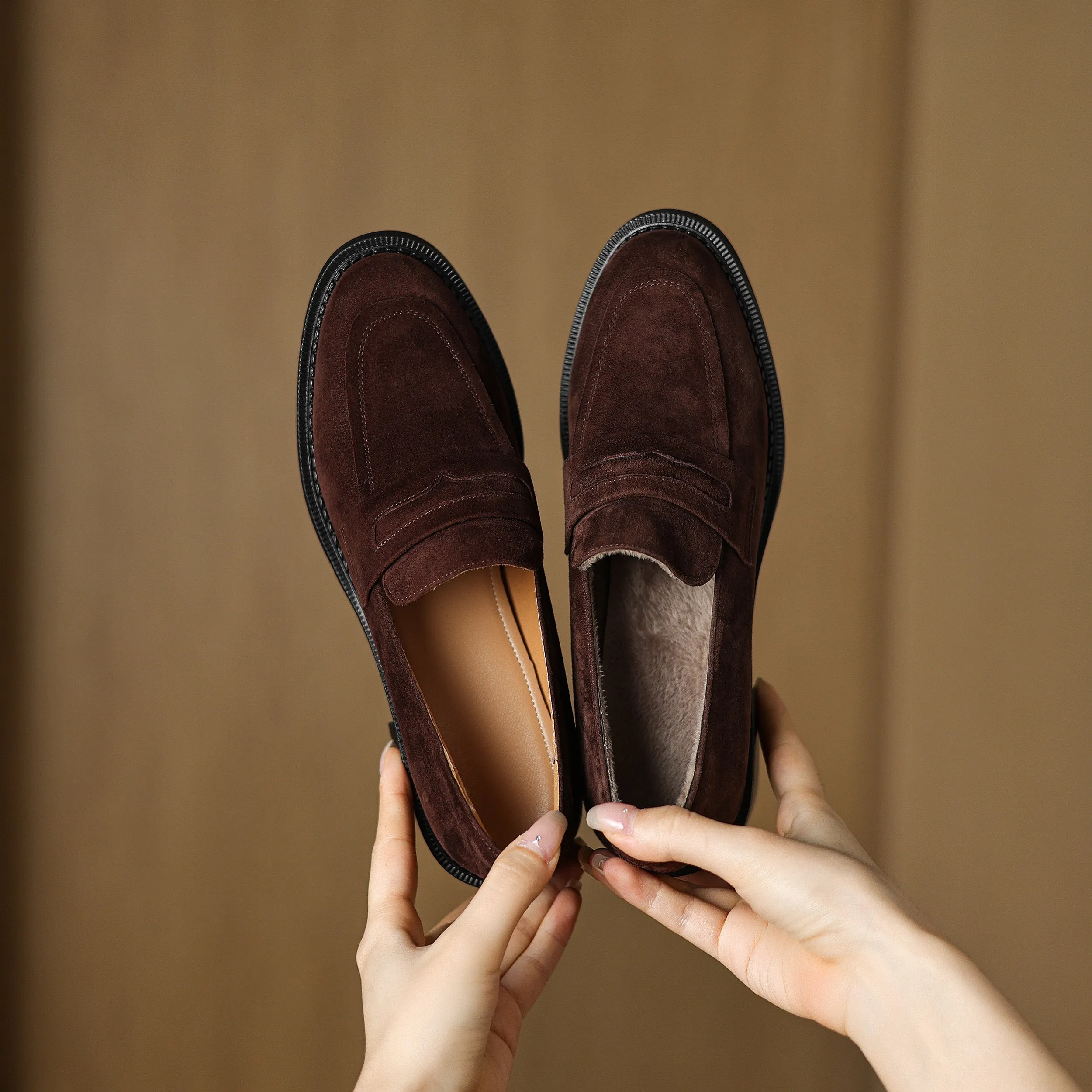 Women's Suede Handmade Block Low Heeled Penny Loafers