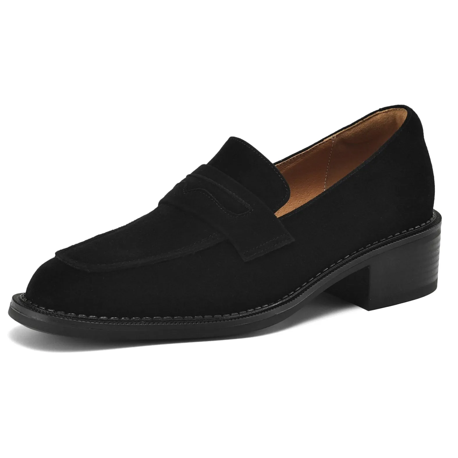 Women's Suede Handmade Block Low Heeled Penny Loafers