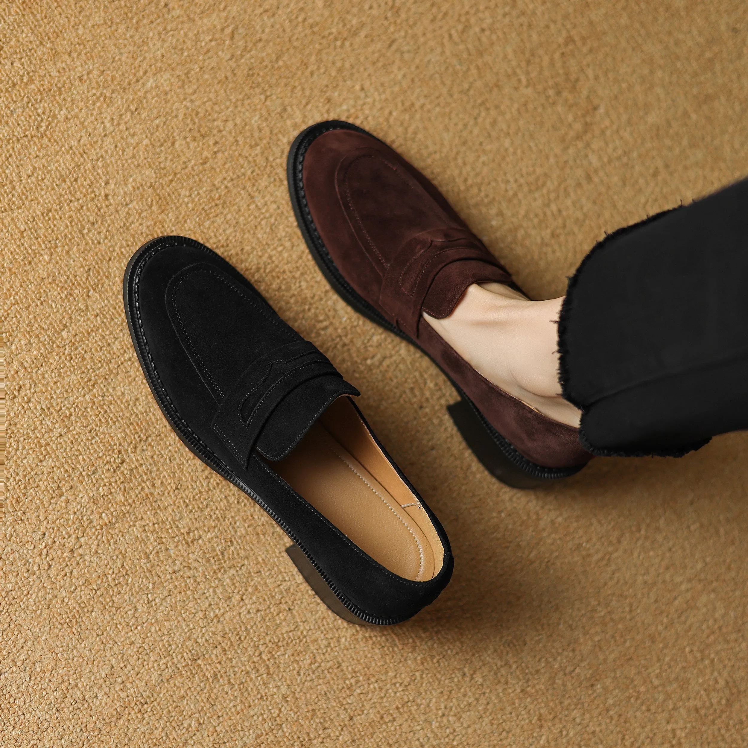 Women's Suede Handmade Block Low Heeled Penny Loafers